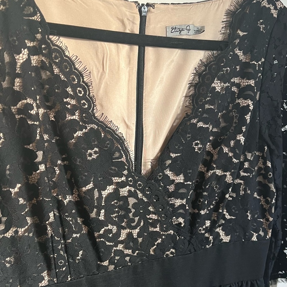 🕶️Eliza J Lace & Faille Black Semi Formal V neck Dress w pockets 14 - Picture 6 of 7